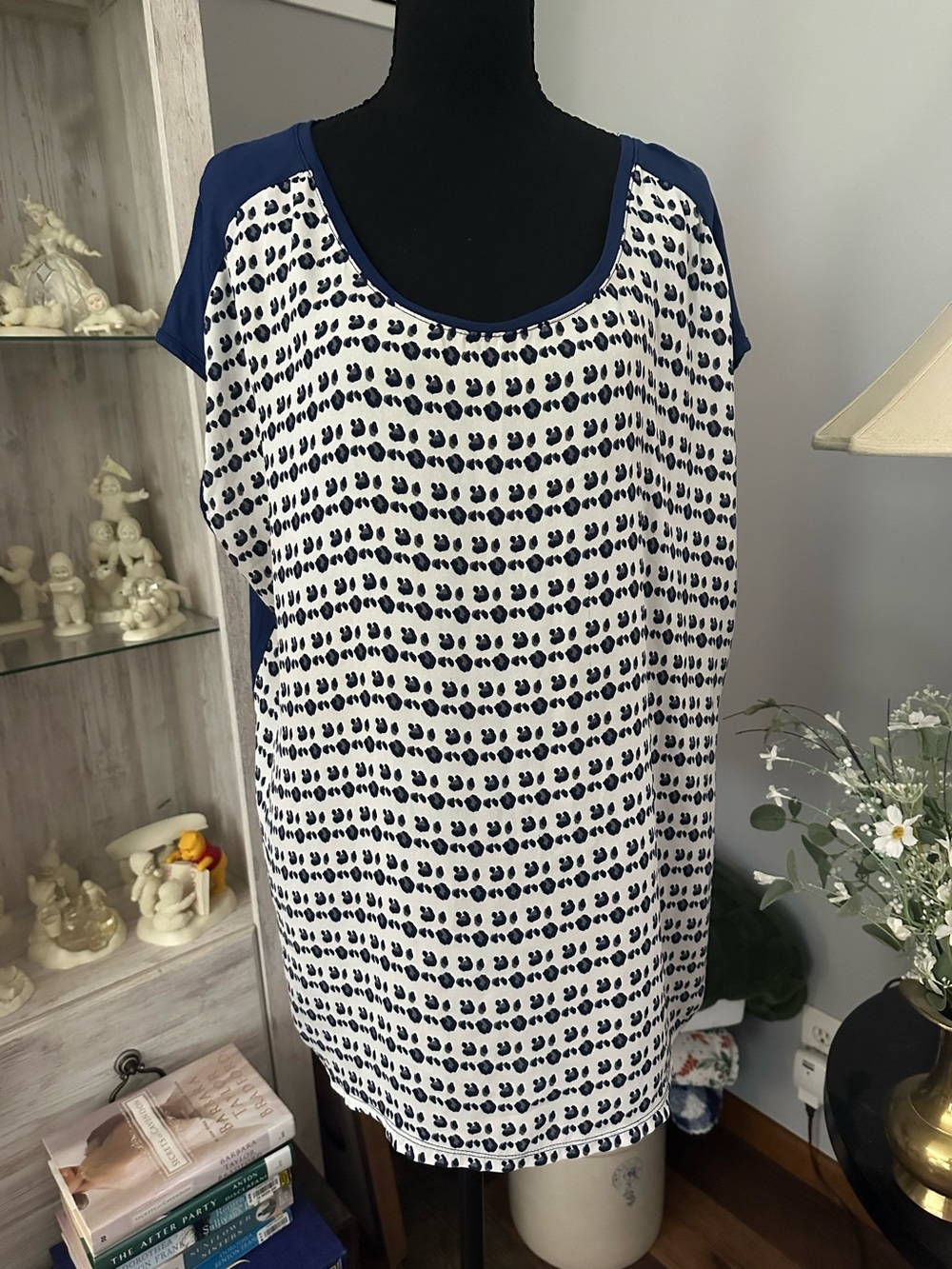 Sejour Navy and White Printed Short Sleeve Scoop Neck Top